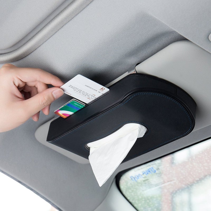 Mr.Ho Black Leather Car Visor Tissue Holder Mount, Hanging Tissue Holder Case for Car Seat Back, Multi-use Paper Towel Cover Case with One Tissue Refill for Car & Truck Decoration - Image 1